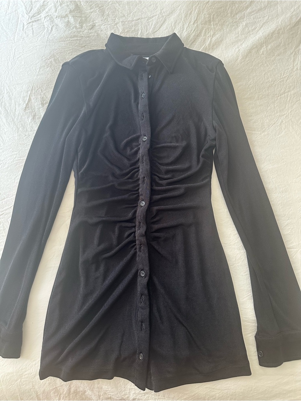 With Jean Black Ruched Button-Front long sleeve mini dress